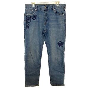 GAP Women's Jeans Girlfriend Floral Embroidered Size 30 Straight Leg Medium Wash